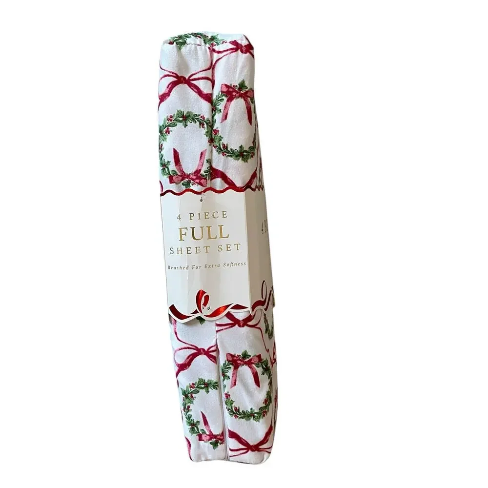Envogue FULL 4pc Sheet Set Holiday Bows & Wreath Holiday Bedding Green Red NEW